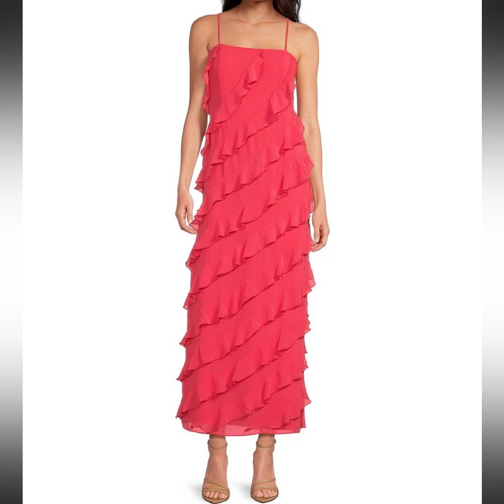 Gianni Bini Taylor Chiffon Straight Neckline Sleeveless Ruffle Long Dress